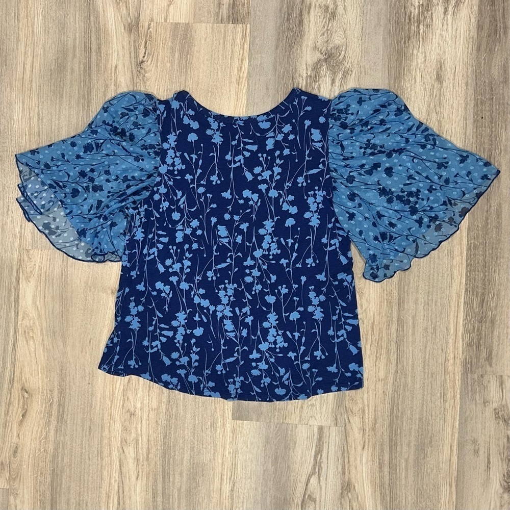 Kim & Cami Los Angeles Blue Floral Top Chiffon Flutter Short Sleeve Shirt Size S - Picture 7 of 7